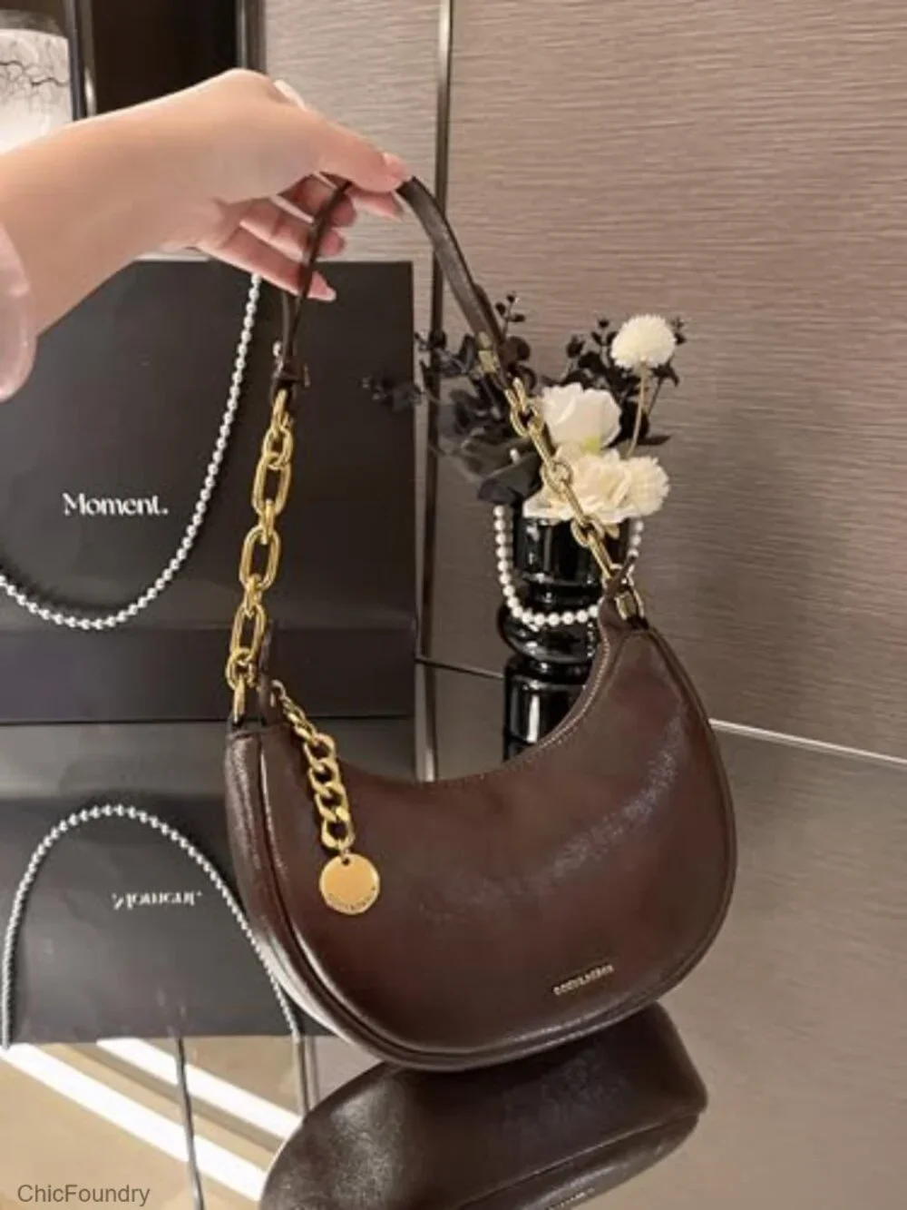 Crescent-Shaped Shoulder Bag PU Leather Crossbody with Gold Chain